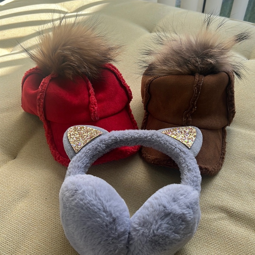 Pompom hat x2 and earmuffs